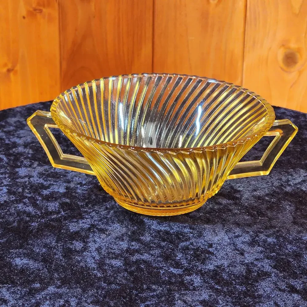 Vintage Amber Depression Glass Bowl -Art Deco Ribbed Serving Dish- Double Handle